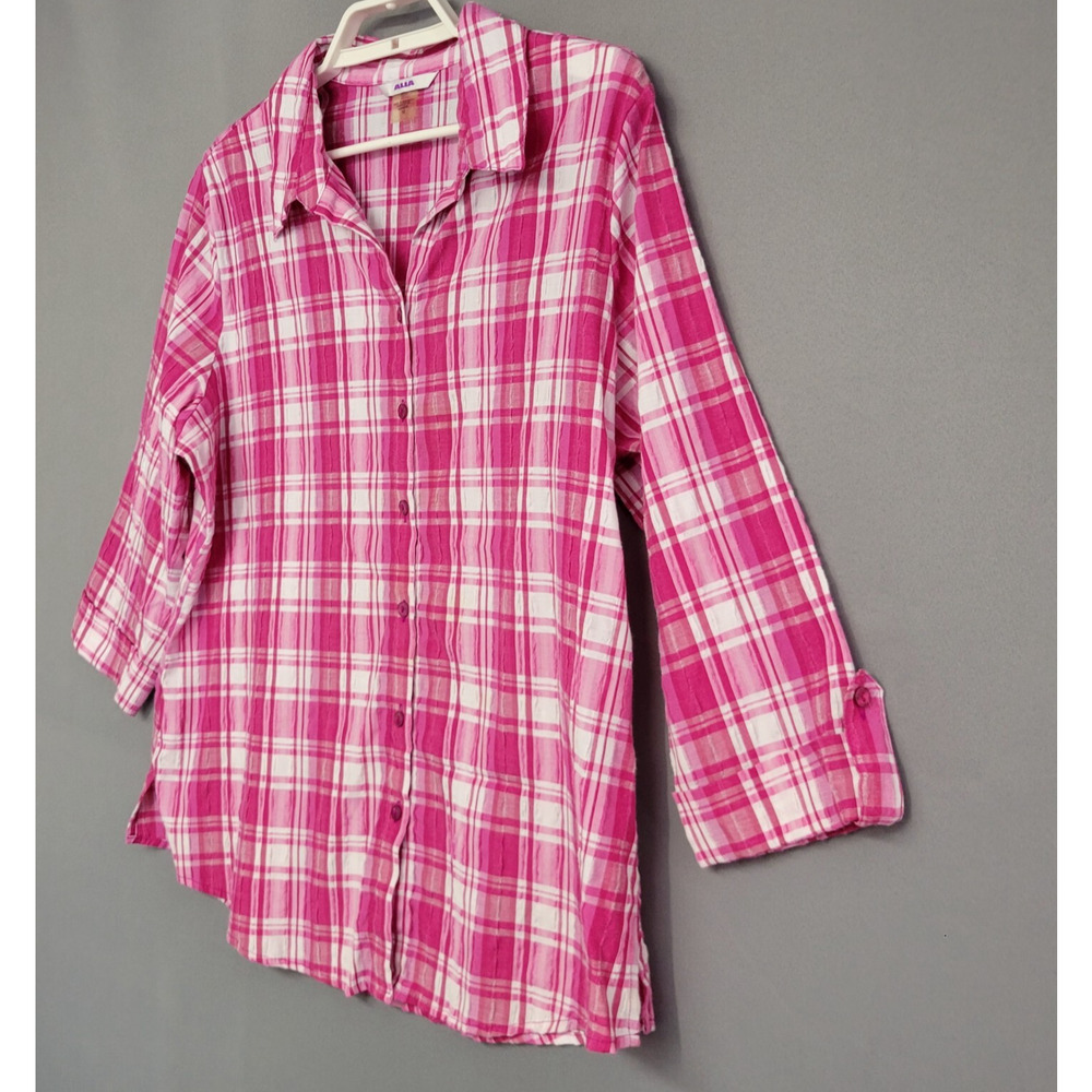 Alia Plaid Button Front Top Womens 16 Pink White Crinkle 3/4 Sleeves Casual - Picture 4 of 11